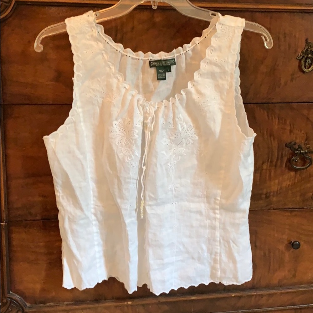 Ralph Laure White Linen Blouse Button Front L